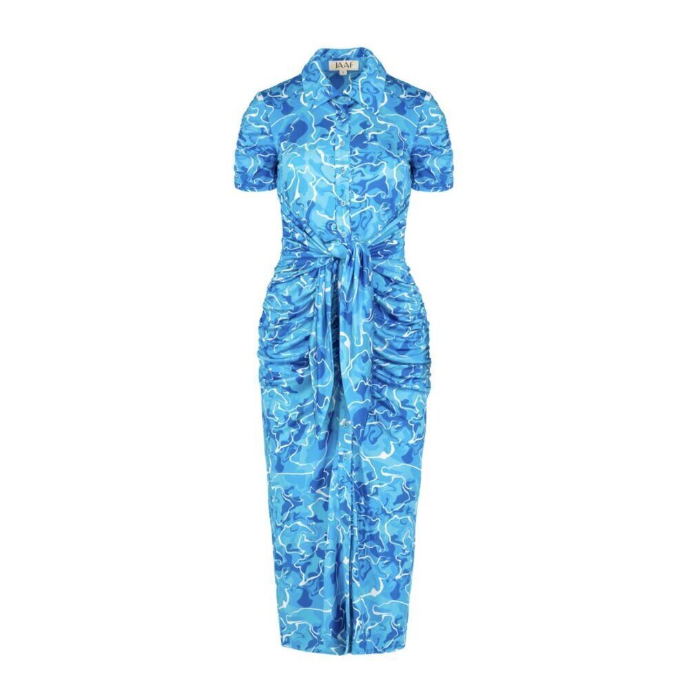 Stretchy Jersey Shirt Midi Dress - Ruched Bodycon Pool Water Print Summer Beach